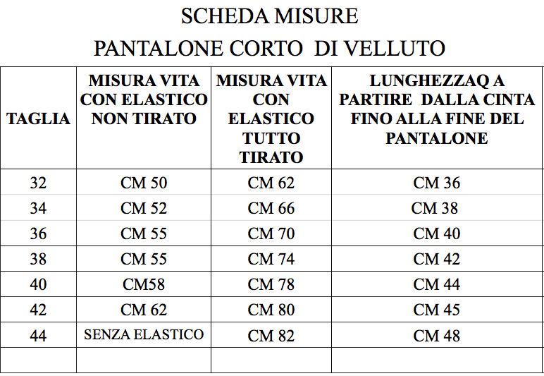 tabella misure pantaloni scout